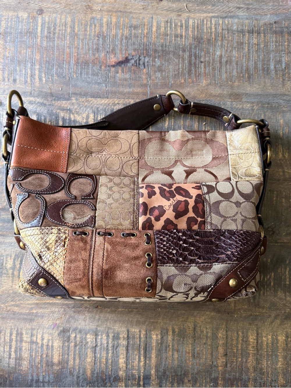Coach Patchwork Shoulder Bag in Brown and Tan